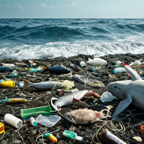 **Prompt:** A polluted ocean scene with plastic waste harming marine animals, contrasted with a clean ocean scene showing sustainable fishing practices and thriving marine life. Illustrate the impact of human actions and the potential for positive change.