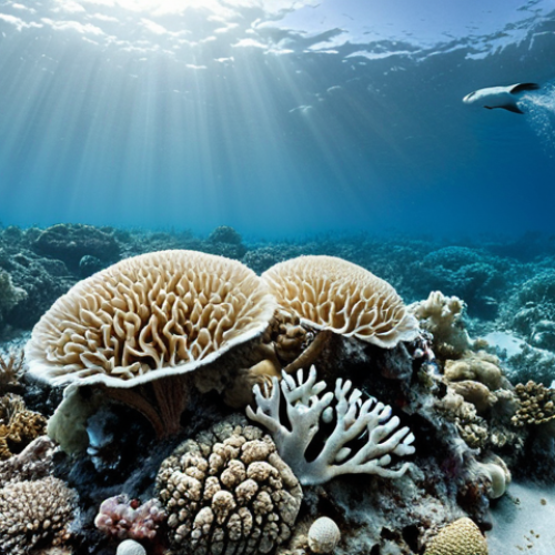 **Coral bleaching:** A depiction of coral reefs undergoing bleaching due to ocean acidification. Focus on the visual impact of the dying coral, contrasting healthy and bleached areas.