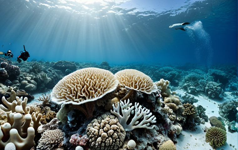 **Coral bleaching:** A depiction of coral reefs undergoing bleaching due to ocean acidification. Focus on the visual impact of the dying coral, contrasting healthy and bleached areas.