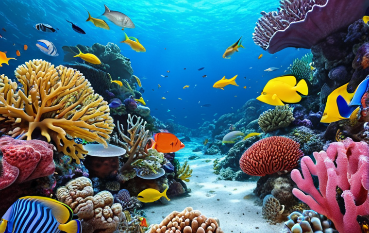 Diverse marine life in a vibrant coral reef, showcasing the beauty of ocean ecosystems with colorful fish, coral, and other sea creatures.