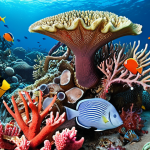 **

A vibrant coral reef teeming with diverse marine life: colorful fish, crabs, starfish. Focus on the beauty and biodiversity of the ocean ecosystem. Emphasize the contrast between healthy coral and areas affected by pollution.

**