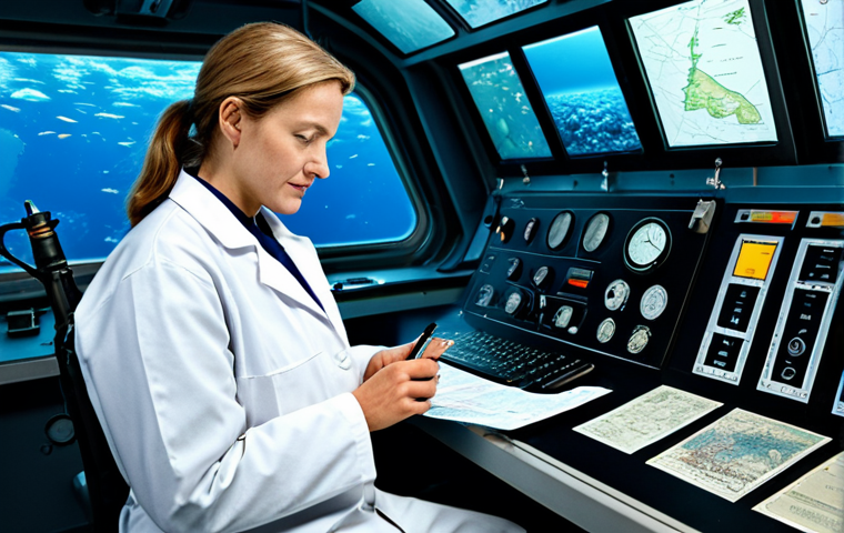 **
A marine biologist in a lab coat, analyzing data from a deep-sea submersible. The background shows various oceanographic instruments and maps. "Safe for work," "appropriate content," "fully clothed," "professional," "perfect anatomy," "natural proportions," "high quality."
**
