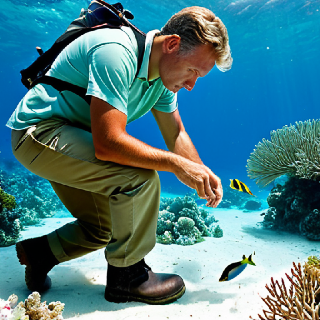 **
A professional marine biologist, fully clothed in appropriate field attire (khaki pants, collared shirt, sturdy boots), examining coral reef health underwater. Bright, clear water, diverse coral, natural sunlight. Safe for work, appropriate content, perfect anatomy, natural proportions, family-friendly.
**