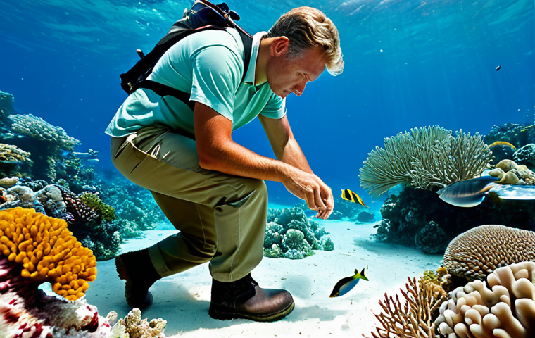 **
A professional marine biologist, fully clothed in appropriate field attire (khaki pants, collared shirt, sturdy boots), examining coral reef health underwater. Bright, clear water, diverse coral, natural sunlight. Safe for work, appropriate content, perfect anatomy, natural proportions, family-friendly.
**