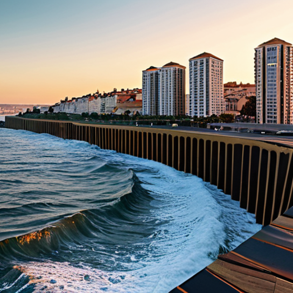 해양 기후 변화 - "Coastal city skyline at sunset, with visible sea wall defenses against rising sea levels. Professio...