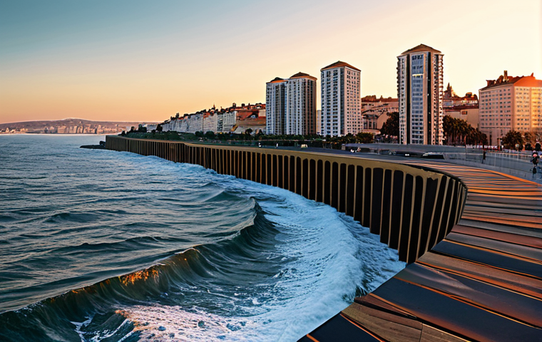 해양 기후 변화 - "Coastal city skyline at sunset, with visible sea wall defenses against rising sea levels. Professio...