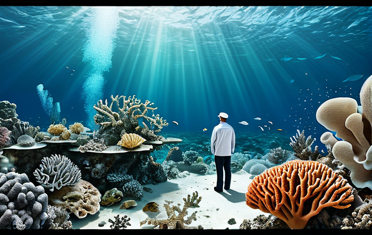 해양학 기후 변화 대응 방안 - **Prompt:** "Ocean acidification awareness illustration, showing healthy coral reef alongside bleach...