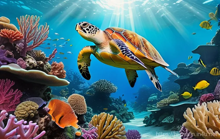 해양 생물 다양성 - **Prompt:** "A breathtaking, hyper-realistic underwater scene depicting a vibrant and healthy coral ...