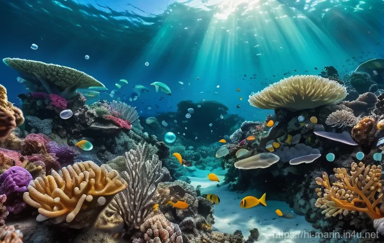 해양 화학 기초 - Image Prompt 1: The Ocean's Hidden Chemistry and Vibrant Life**