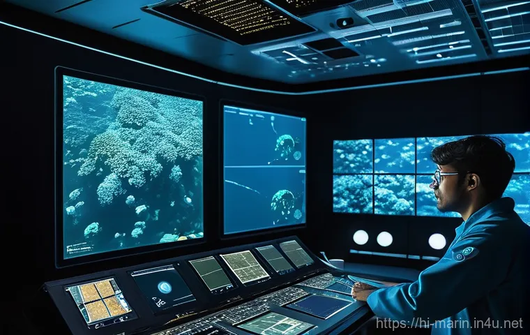 해양 탐사 기술 - **Prompt:** A sleek, advanced Autonomous Underwater Vehicle (AUV) glides gracefully through an uncha...