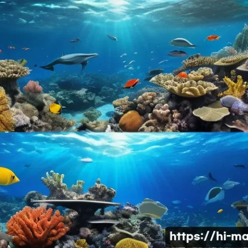 해양학 연구 결과 발표 - A detailed underwater scene showing a vibrant coral reef ecosystem under stress from rising ocean te...