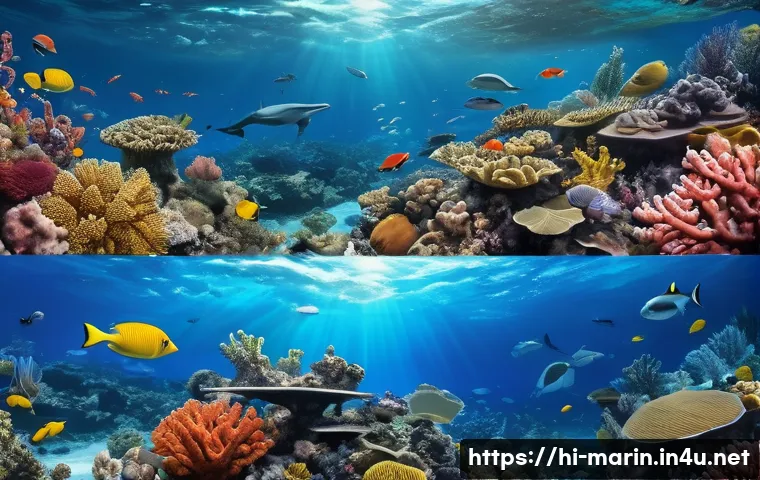 해양학 연구 결과 발표 - A detailed underwater scene showing a vibrant coral reef ecosystem under stress from rising ocean te...