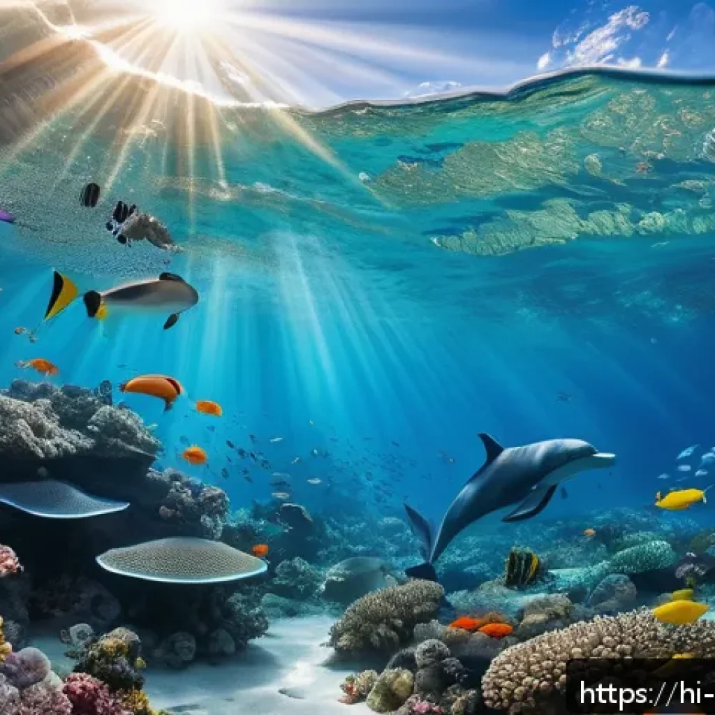 해양학 기초과학 - A vibrant underwater scene showcasing diverse marine life near a tropical coral reef, featuring colo...