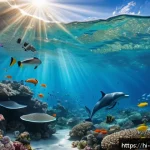 해양학 기초과학 - A vibrant underwater scene showcasing diverse marine life near a tropical coral reef, featuring colo...