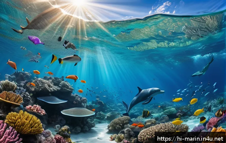 해양학 기초과학 - A vibrant underwater scene showcasing diverse marine life near a tropical coral reef, featuring colo...