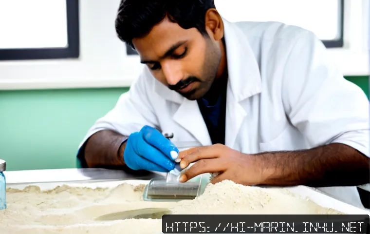Home 17 해양 퇴적물 분석 - Photorealistic marine sediment analysis laboratory, Indian oceanographer in clean protective coat ex...